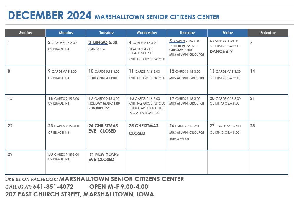 Senior Center December 2024 Calendar